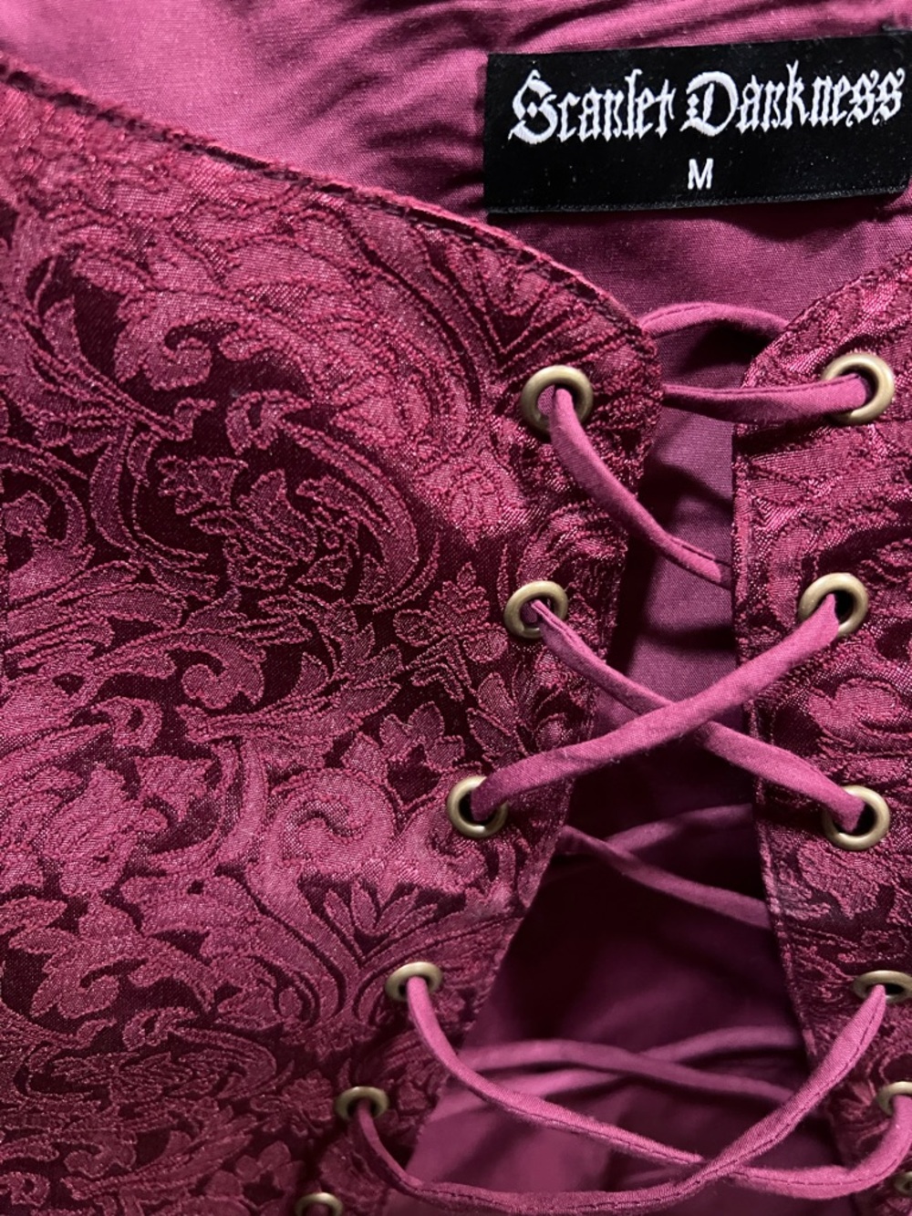 Scarlet Darkness Wine Brocade Lace-Up Crop Top - Picture 2 of 3